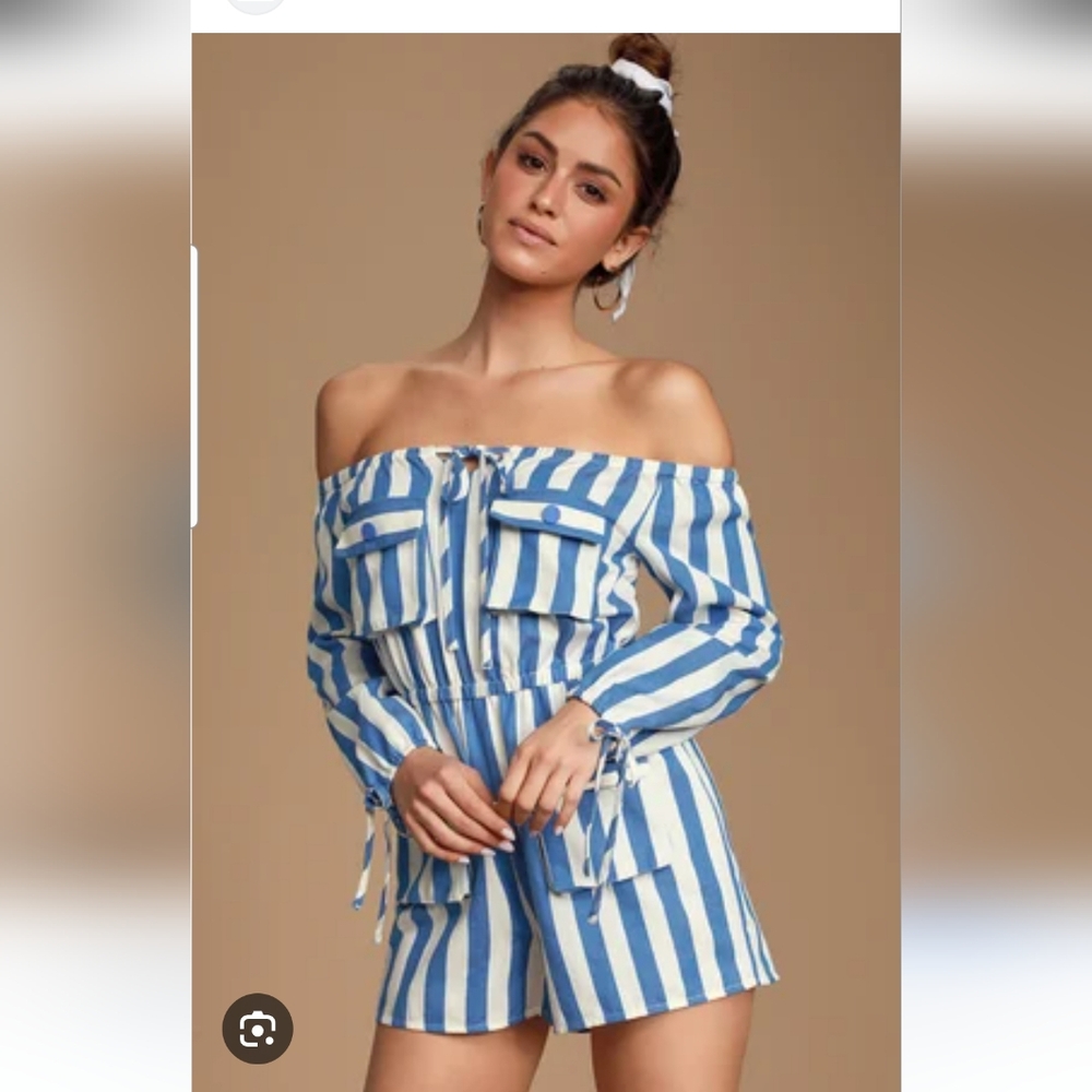 Moon River Blue and White Striped Off-Shoulder Jumpsuit